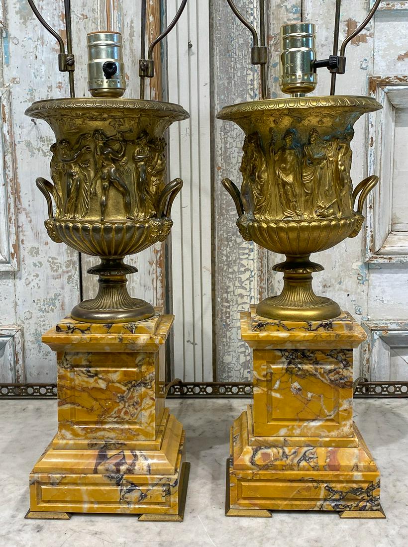 French Bronze Urns On Sienna Marble As Lamps: Pair. 14 1/4 Inches To Top Of Urn, 24 1/2 Inches To Top Of Harp. Bases Are 5 1/2 Inches Wide. See Photos For Loss Of Patina And One Chip To Front Corner Of Marble. Working At Time Of Photography, But 