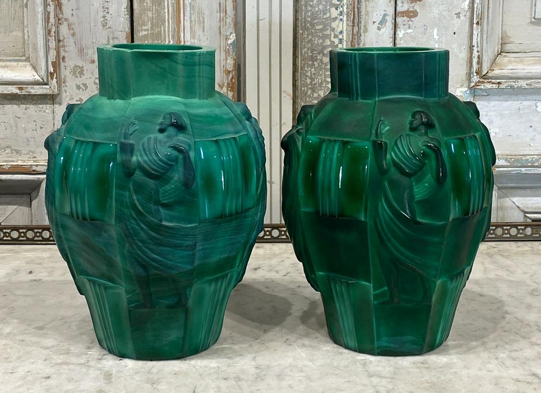 Near Pair Art Deco Ingrid Malachite Glass Vases (1 of 7)