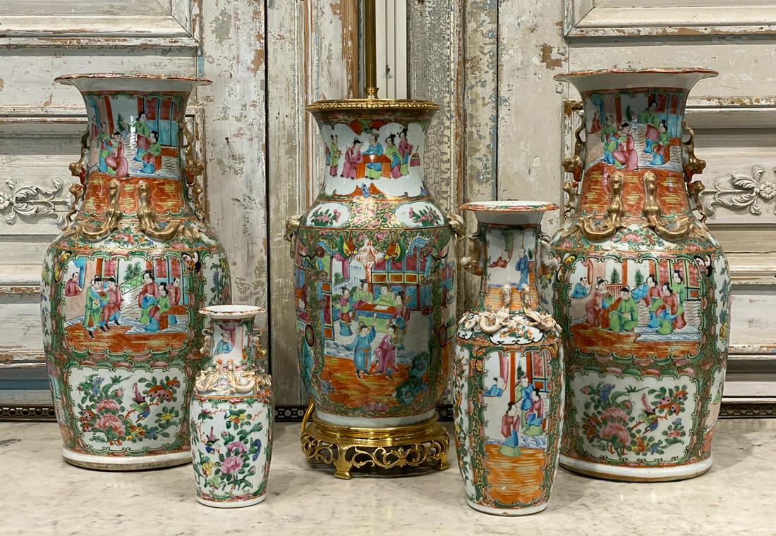 5 Piece Lot Of Famille Rose Porcelain Vases and Lamp (1 of 8)