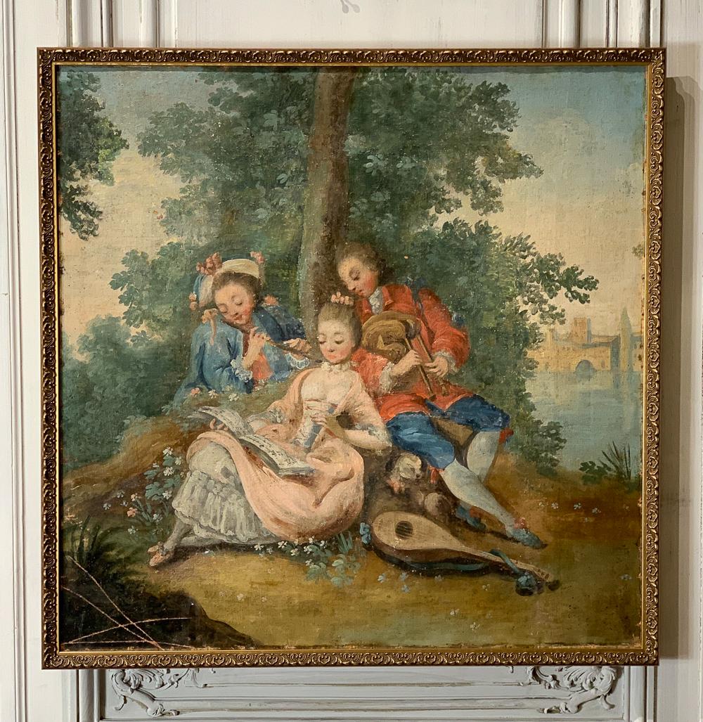 Antique Painting Of Reclining Musicians: Early 20th Century In Later Frame. 31.5w X 31.5h Framed. 29.75w X 29.75h Sight. Unsigned. Minor Losses, Some Inpainting, Frame Rub, And Damage To The Lower Left Of Painting. See Photos For Condition.