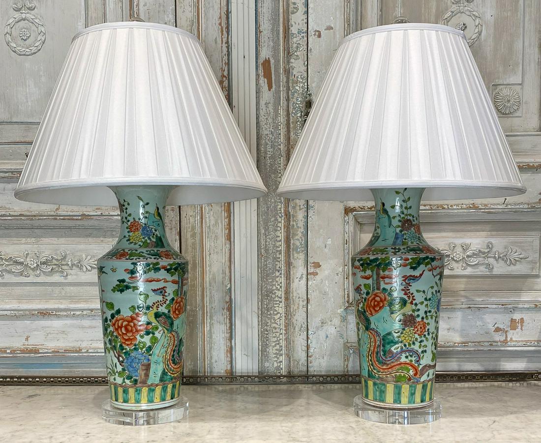Pair Of Chinese Vases As Lamps: On Lucite Bases, 28 Inches High To Lucite Finials. See Photos For Typical Crazing And A Few Areas Of Loss.