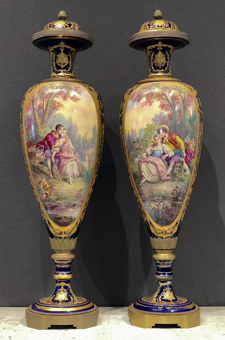 Pair Of Monumental 19c Sevres Style Lidded Urns (1 of 10)