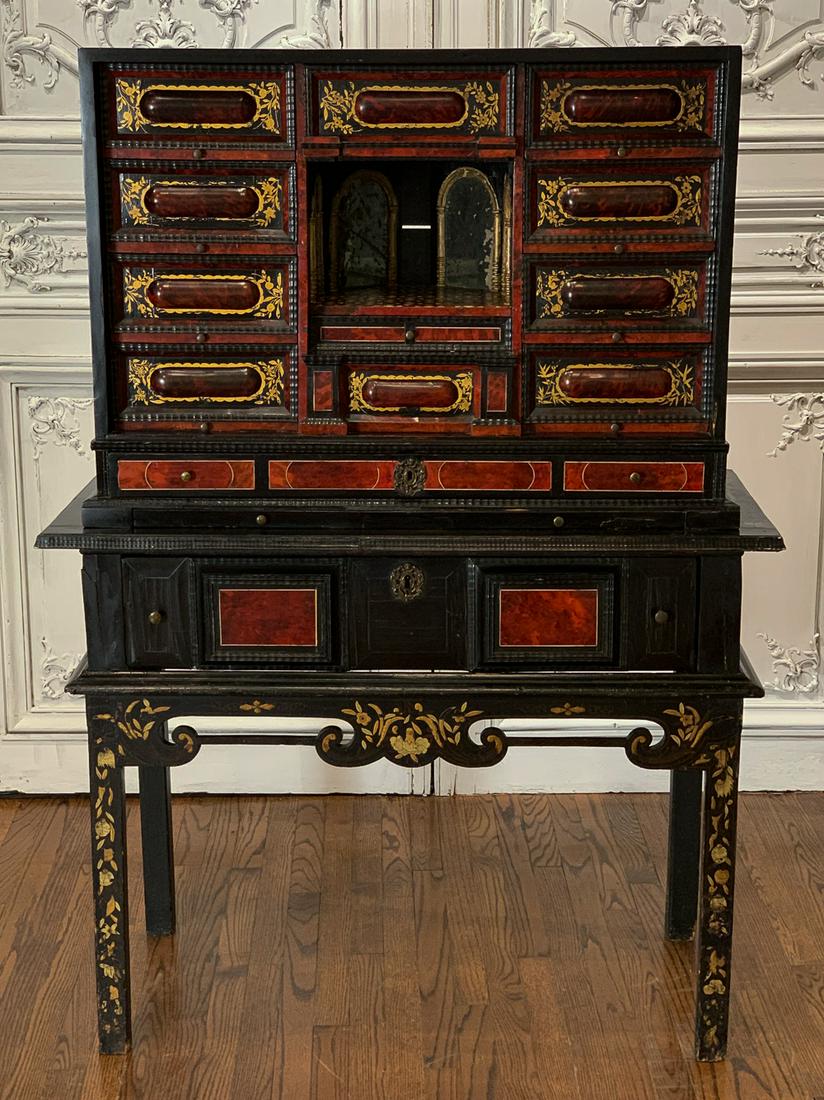 18th Century Lacquered Papelier: With Tortoiseshell And Hand Painted Detailing And Inlaid Writing Surface. 60.5h X 42w X 19d. Minor Losses To Finish Consistent With Age. 2 Inset Original Mirrors Cracked. See Photos For Condition. It 