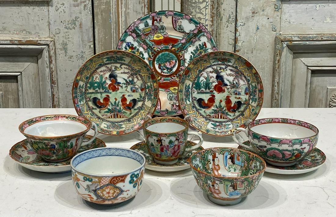 11 Pieces Asian Porcelain: Rose Medallion With One Imari Bowl. Newer Plate In Back Is 7.25 Inches. Tea Cups Have Candle Residue We Did Not Attempt To Remove. Some Chips And Repairs, Some Loss To Painting And Gilding As Pictured