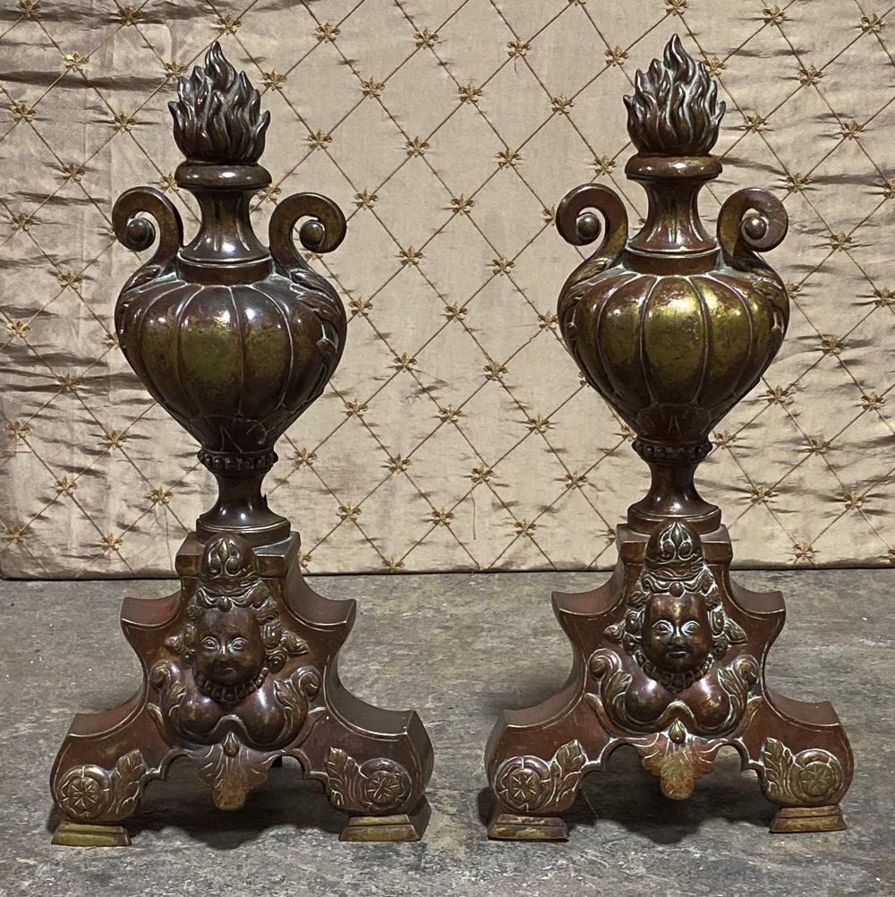Pair Of French Burnished Andirons: 17th Century Style. 19 1/4 H X 9 1/2 Wide X 7 Inches Deep. 20c.