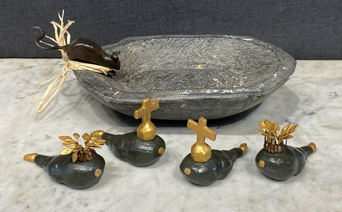 6 Pieces By Jan Barbiglio: All Signed. Scuffs To Soap Dish As Shown. A Large Signed Matches Box Is Also Included And Not Pictured.