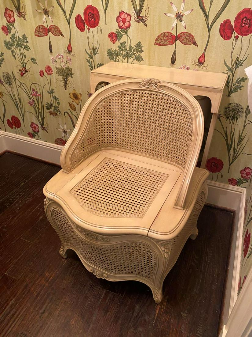 Painted Cane Chaise Percee Or Commode Chair: 20c, No Damage. Chair Only, Toilet Not Included. 2 Pieces That Rest Over Modern Toilet.
