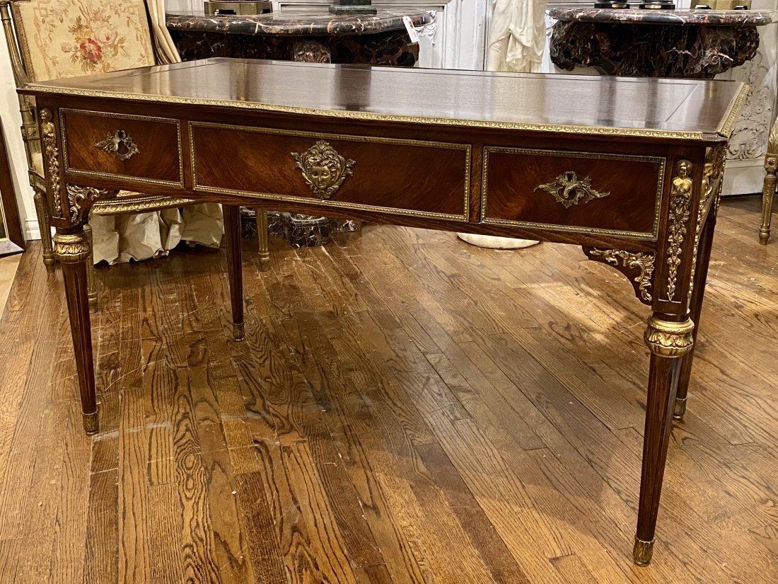 Napoleon III Style Bureau Plat Desk: Mahogany With Well Cast Bronze Caryatid Surmounts And Ornate Bronze Drawer Pulls. 30 High X 52 Wide X 28 Deep. Note 2 mounts are missing from back legs, one is included in drawer.