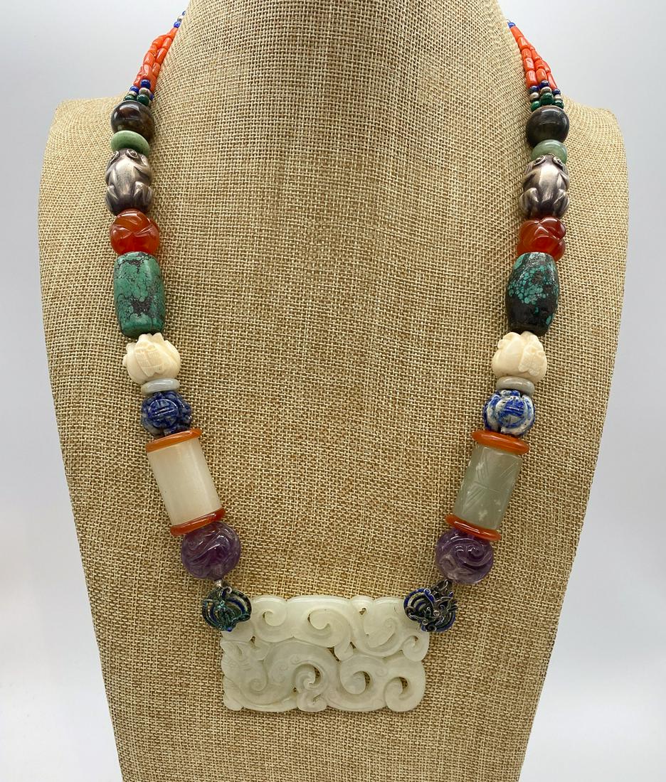 Indonesian Necklace With Hardstone And Jadeite: Beads Of Carnelian, Amethyst, Turquoise, With Jadeite Plaque And Silvered Frogs. Approximately 10 Inch Drop.