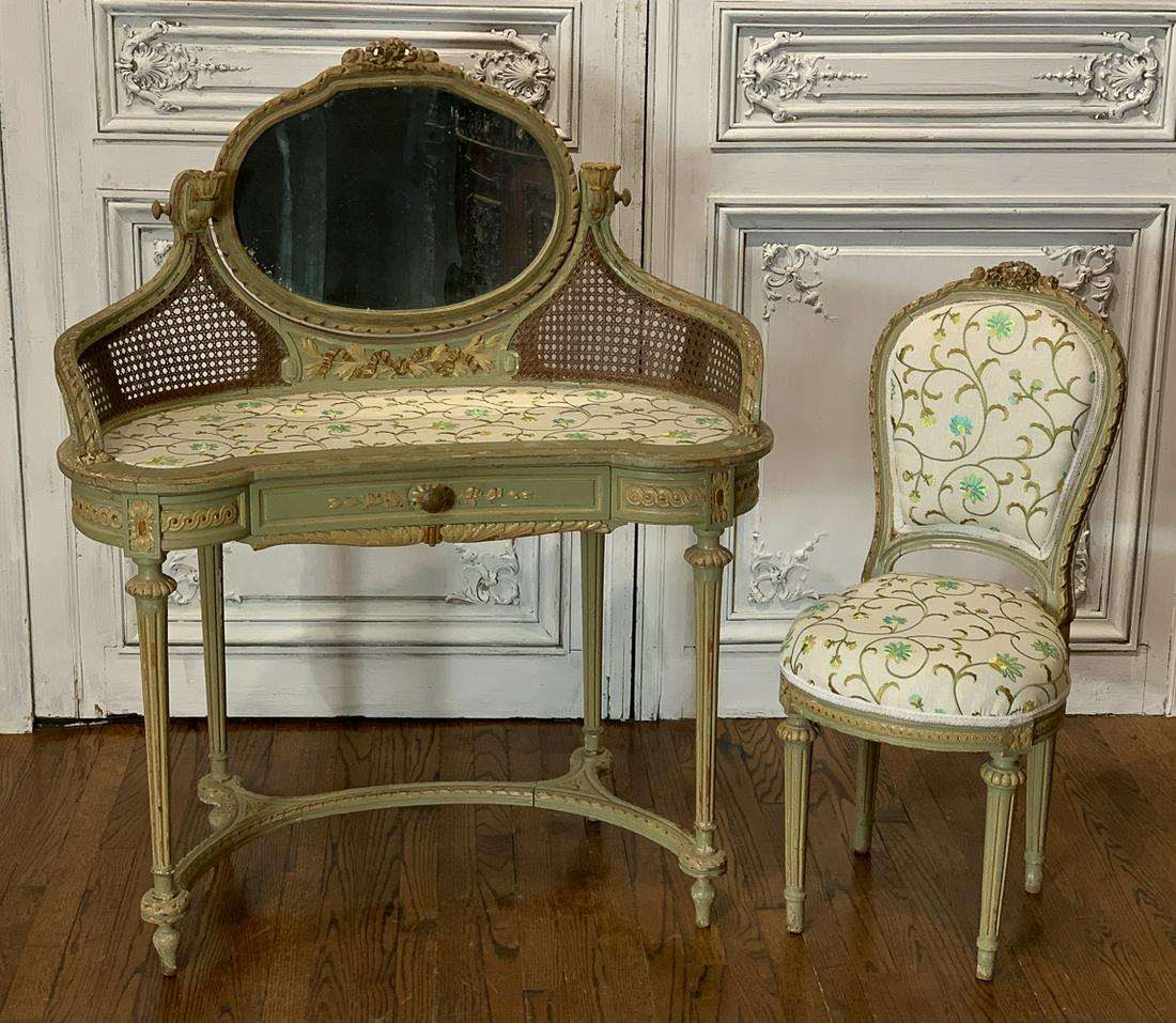 19th Century French Carved And Lacquered Vanity: Caned, With Custom Upholstery And Matching Chair. Vanity 48h X 39w X 19d. Chair 36h X 15.5w X 20d. Seat 18.5h. Loss To Lacquered Finish Consistent With Age. See Photos For Condition. Had Been Electrif