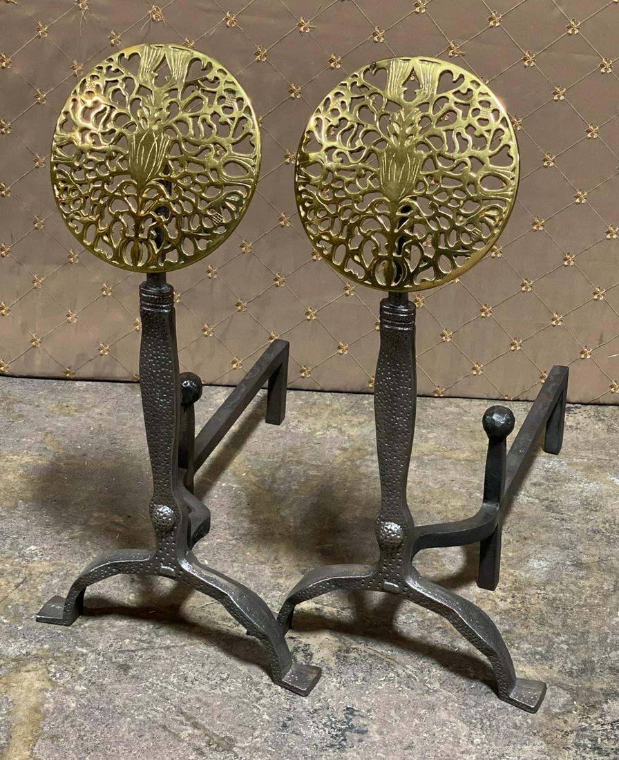 Pair Of Polished Iron And Brass Andirons: Brass Medallion Peacock Motif. 25 1/4 H X 12 3/4 Wide By 21 Deep. 20c.