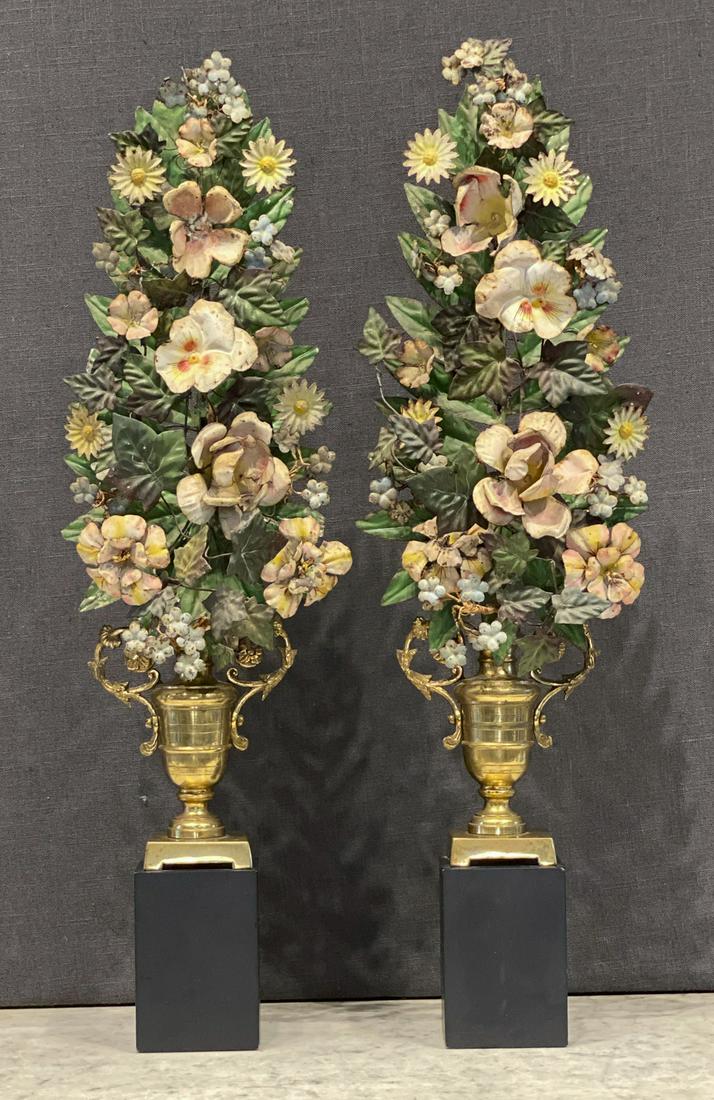 Pair Of Bronze Urns With Tall Tole Flowers (1 of 5)