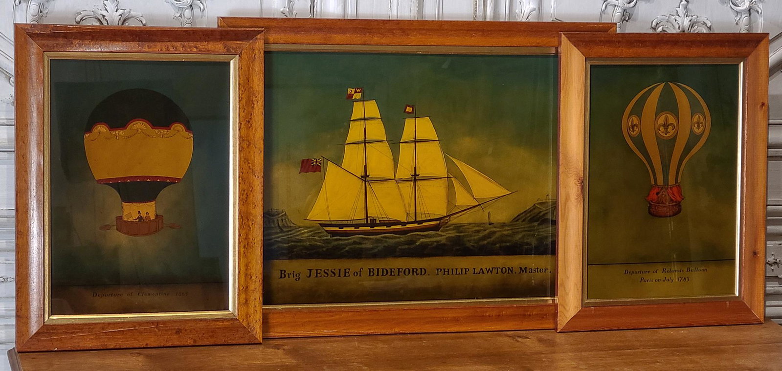 Group Of 3 Reverse Painted Artworks: Of Hot Air Balloons, And One Ship. Frames Have Some Loss And Veneer Lift, As Pictured. Framed Balloons Dimensions: 15.25w X 20h. Framed Ship Dimensions: 27w X 20.5h. See Photos For Condition. 20th Cen