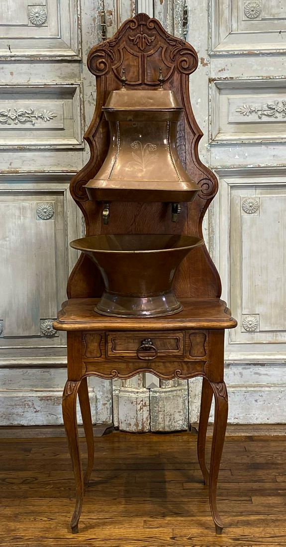 French Country Copper Lavabo On Oak Stand: 65 X 23 Wide By 16 Deep. Copper Bowl Is 9 X 17. Wood Has Some Age Cracks And Top Needs Refinishing. Some Patina To Copper As Pictured. The Top Does Not Fit Flush.