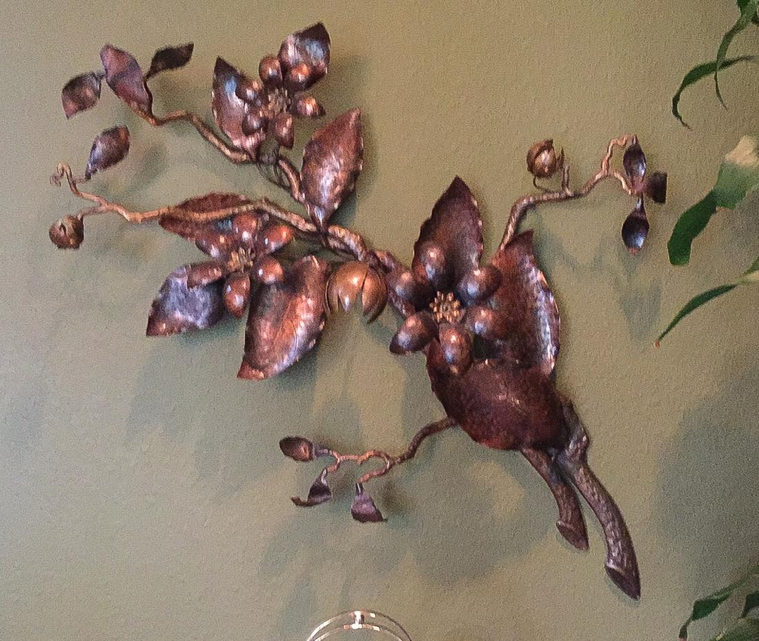 Painted Metal Floral Motif Wall Sculpture: 20th C. Flowering Branches Design. Length 42 Inches.