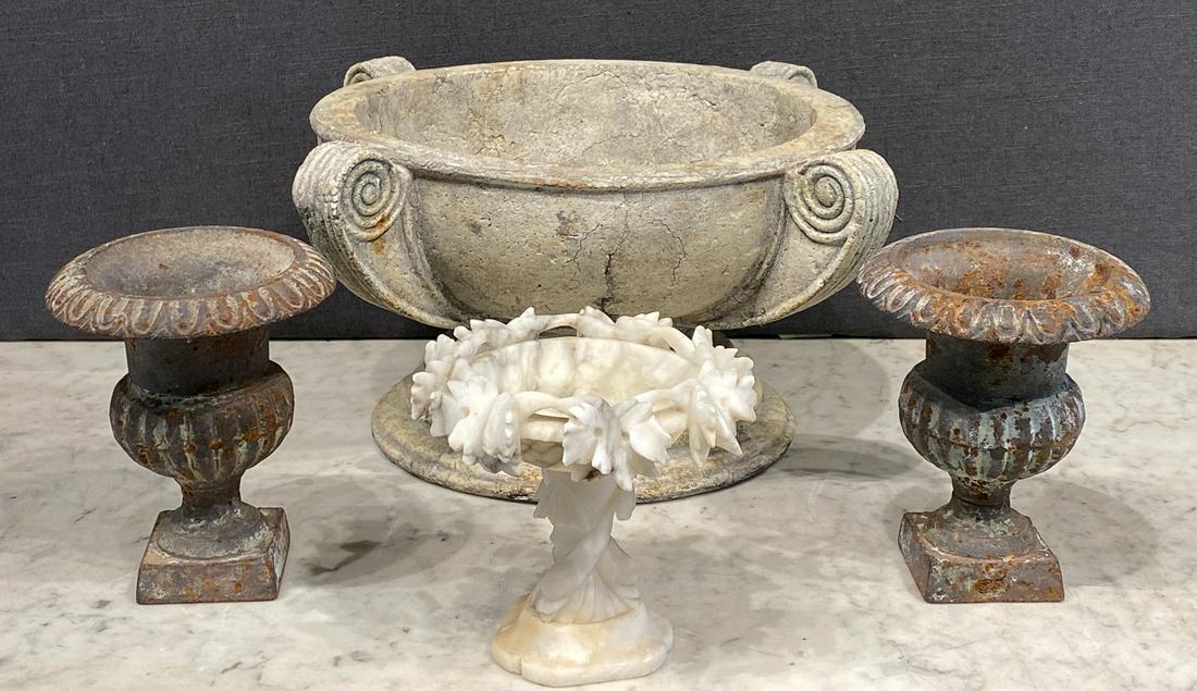 4 Piece Lot Of Garden Elements: Faux concrete planter (chip to one handle), marble compote (chips and scuffs as pictured), and small pair of iron urns. Urns are 6.5 high.