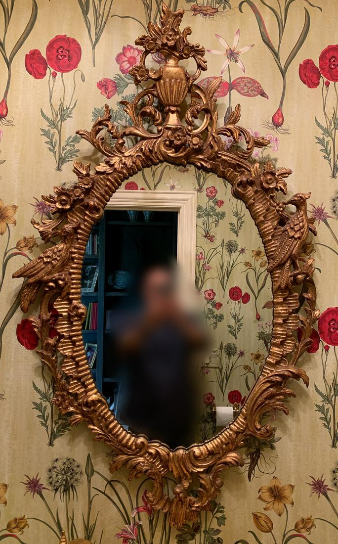 George III Style Giltwood Wall Mirror: 20th Century, Flanked With Phoenix Birds. 48 High X 29 Wide.
