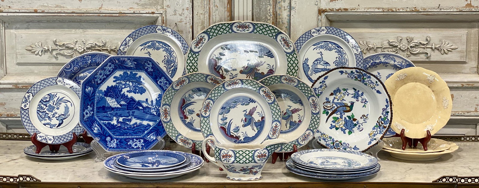 Lot Of English Porcelain Plates: Including various blue and white patterns from Old Chelsea, Spode, Wood and Sons, and others. See marks. A few have chips as shown.