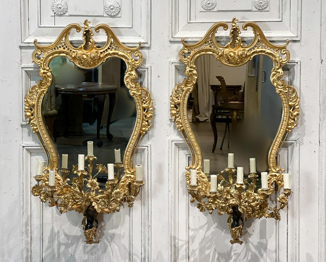 Pair Large Rococo Style Gilt Bronze Sconces (1 of 10)