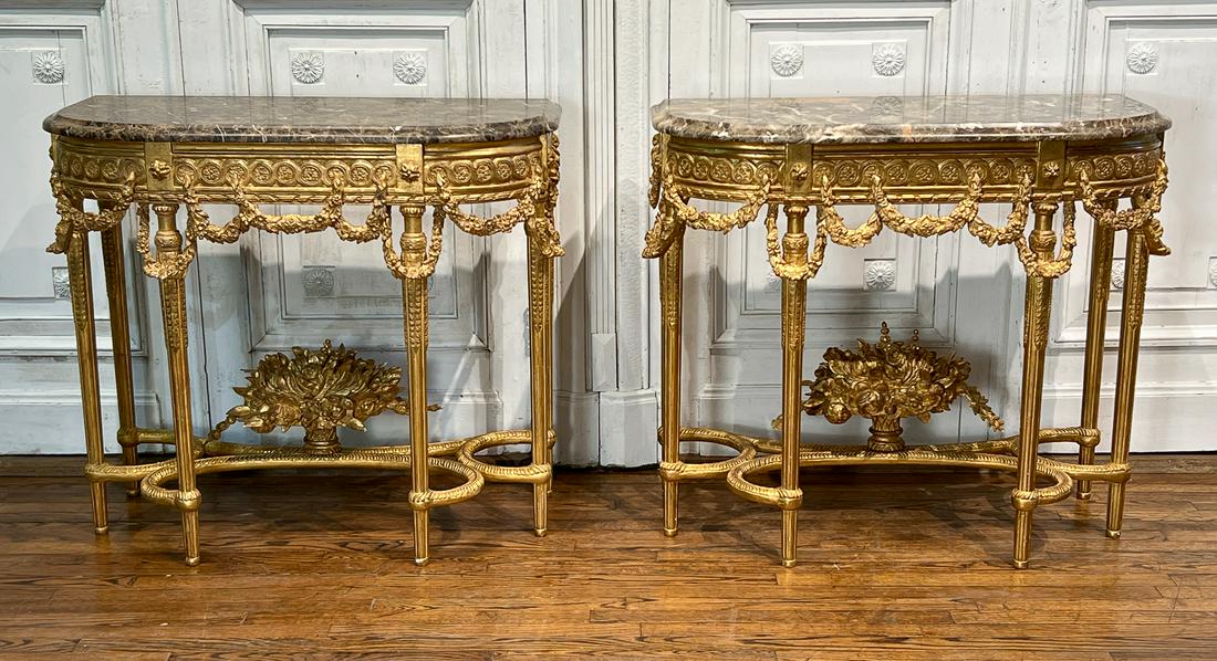 Pair Louis XVI Style Giltwood Console Tables (1 of 13)