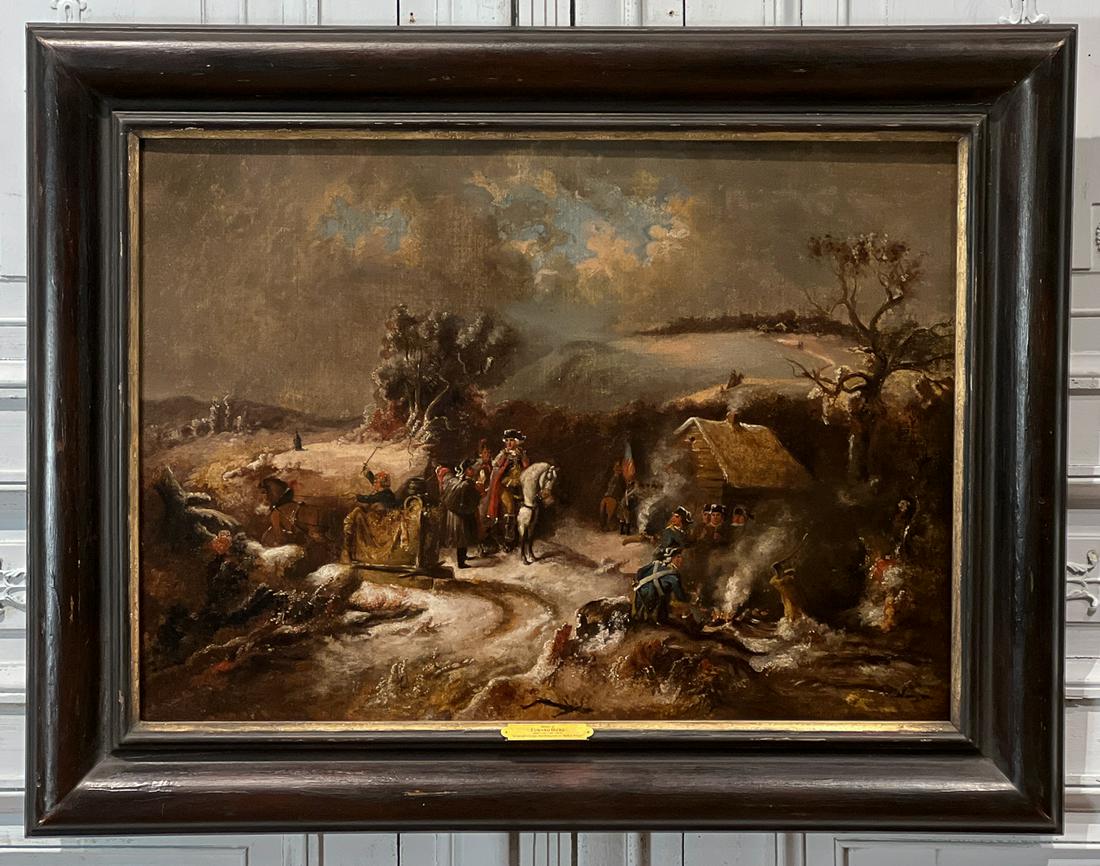 American School, 19th Century: A Hard Winter (George Washington At Valley Forge In The Manner Of Edward Hicks), Oil On Canvas Painting, 26 X 36 Inches, Later Wood Frame, 35 X 46 X 2.5 Inches, Evidence Of Several Campaigns Of Restor