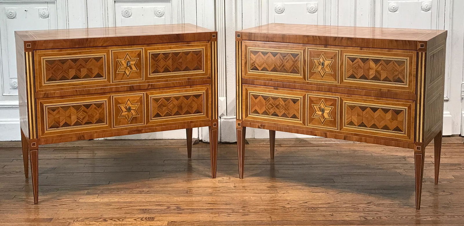 Pair Italian Classical Style Parquetry Commodes (1 of 8)