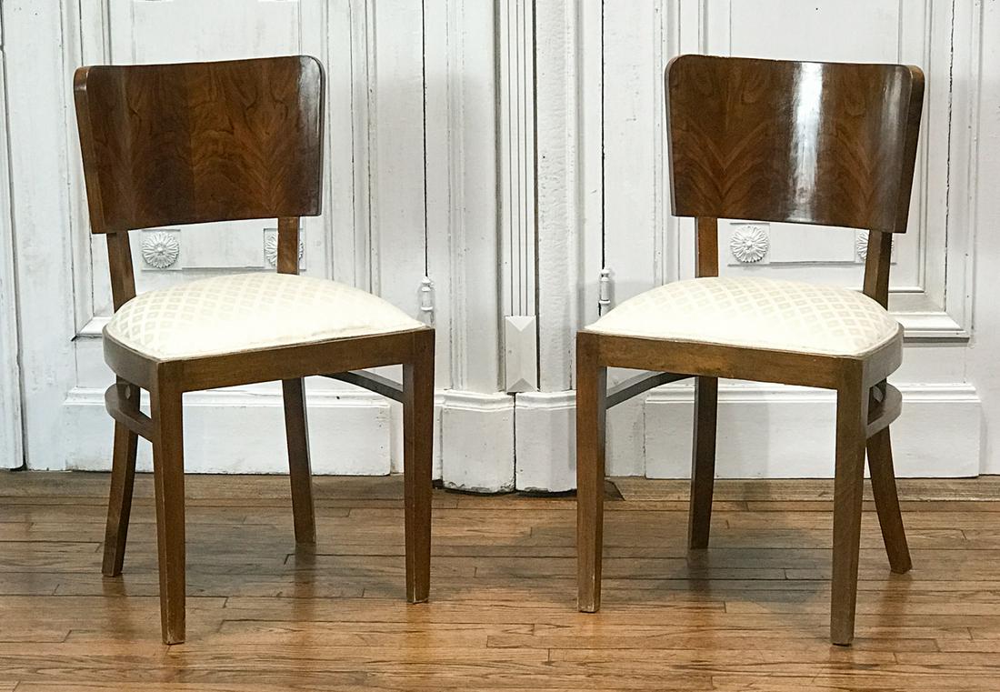 Pair Art Deco Fruitwood Side Chairs: 20th Century, Each Curved Back With Bookmatched Figured Veneers, Strait Seat, Square Tapering Legs, Curved Stretchers, Back Height 33 Seat Height 18.5 Width 18 Depth 17 Inches, See Photos For Conditio