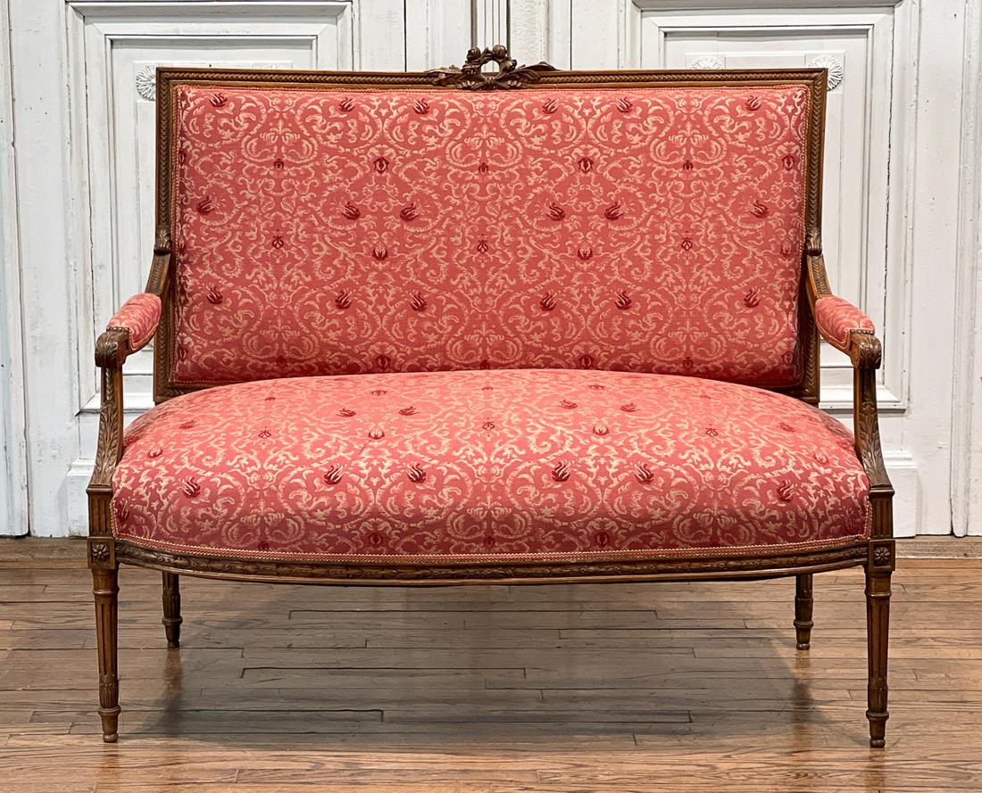 Louis XVI Style Carved Wood Settee: 20th Century, Burgundy Brocade Upholstery, Square Back, Padded Arms, Fluted Legs, Settee Height 42, Width 49, 27 Inches. See Photos For Condition.