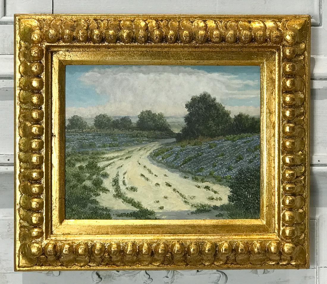 Daniel Kendrick (American/Texas, 21st Century: Hill Country Landscape With Bluebonnets And Live Oaks On A Caliche Road, 2021 Oil On Panel, Signed And Dated Verso, Panel 8 X 10 Inches, Frame 12.5 X 14.5 X 1 Inch. Paint Surface Stable, Few Small Scr
