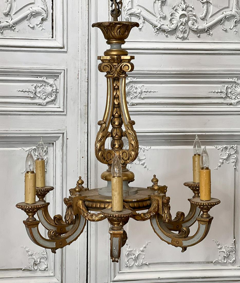 Regency Style Parcel Giltwood Chandelier: 20th Century, Six Lights, Grey Paint, Acanthus Corona, Reticulated Urn Standard, Circlet Issuing Swags And Scroll Candle Arms, Acorn Pendant Below, Height 30 X Diameter 31 Inches. Electrification Pres