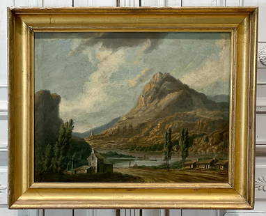 Follower Of Marco Ricci (Italian, 1676-1730): Landscape With River And Mountain, 19th Century, Oil On Canvas Painting, 17.5 X 23 Inches, Antique Giltwood Frame 23 X 28 X 2.5 Inches, Relined, Later Stretcher, Craquelure With Stretcher Marks, Soile