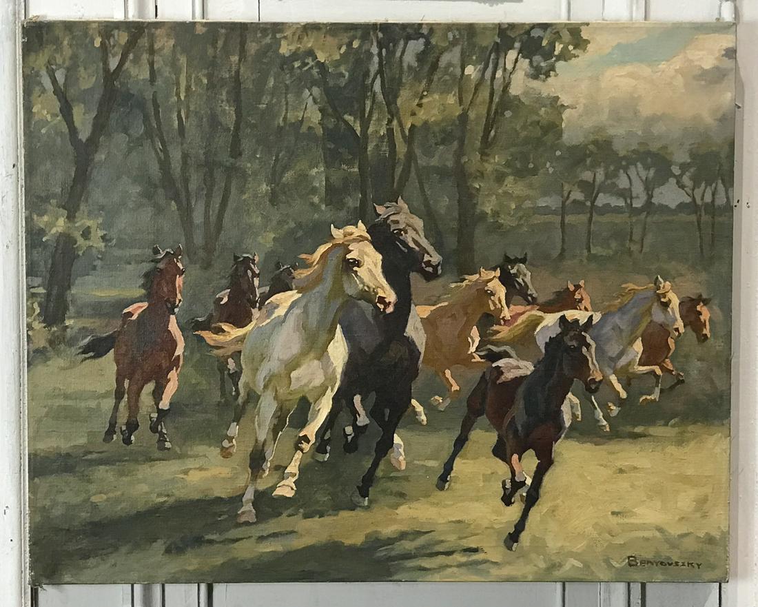 Stephen Benyovszky (Hungarian, 1899-1965): Wild Horses, Oil On Canvas Painting, Signed Lower Right, 24 X 30 Inches, Unframed. Discoloration To Varnish Layer. See Photos And Make Request Additional Condition Information