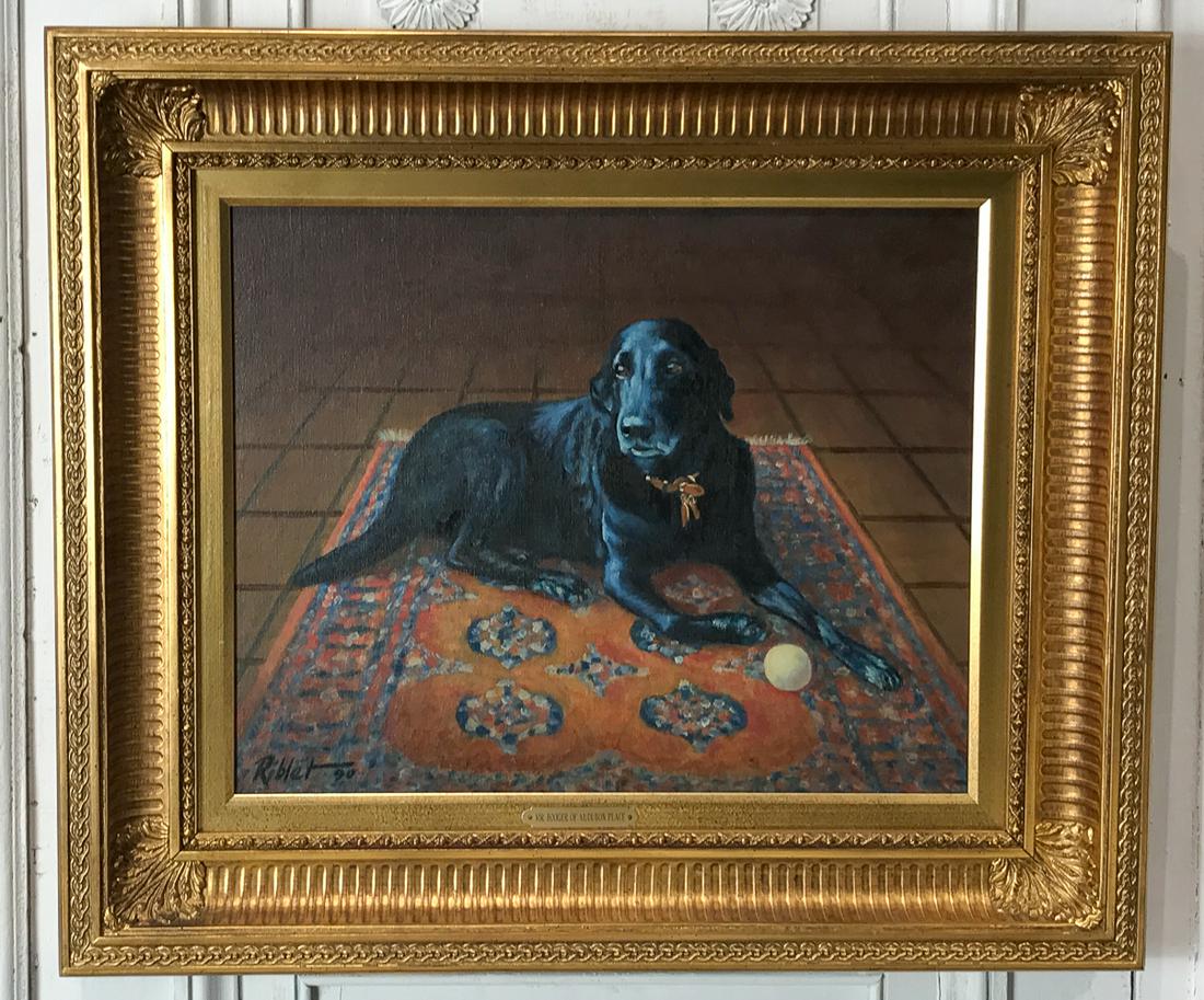 Richard Riblet (American/Texas, 20th Century): Mr Booger Of Audubon Place (portrait Of A Dog, Black Lab On A Persian Carpet) 1990, Oil On Canvas Painting, Signed And Dated Lower Left, Titled Signed And Dated Verso, Canvas 16 X 20, Giltwood Frame 2