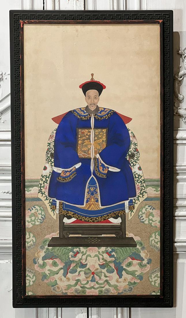 Chinese Ancestor Portrait Pigment On Rice Paper: Early 20th Century, Seated Man In Blue Robe, Sight 43.5 X 21.5, Frame 48 X 26 Inches, Laid Down With Bubbles And Small Ripples, Toning To Edges, Rubbing And Flaking To Frame. See Photos For Condition.
