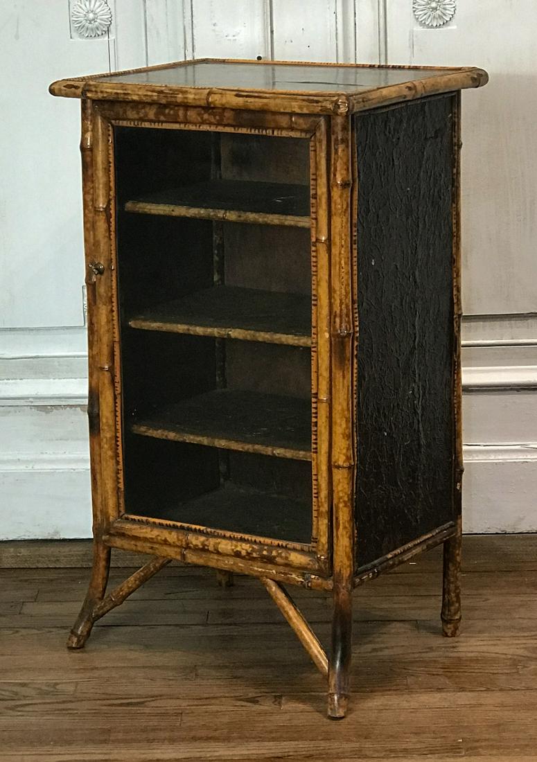 Victorian Aesthetic Fumed Bristol Bamboo Cabinet: Late 19th Century, English, Glazed Door With Shelved Interior Probably For Sheet Music, Height 35, Width 21, Depth 15 Inches. Condition Commensurate With Age; Structurally Sound, Mellow Patina Overall