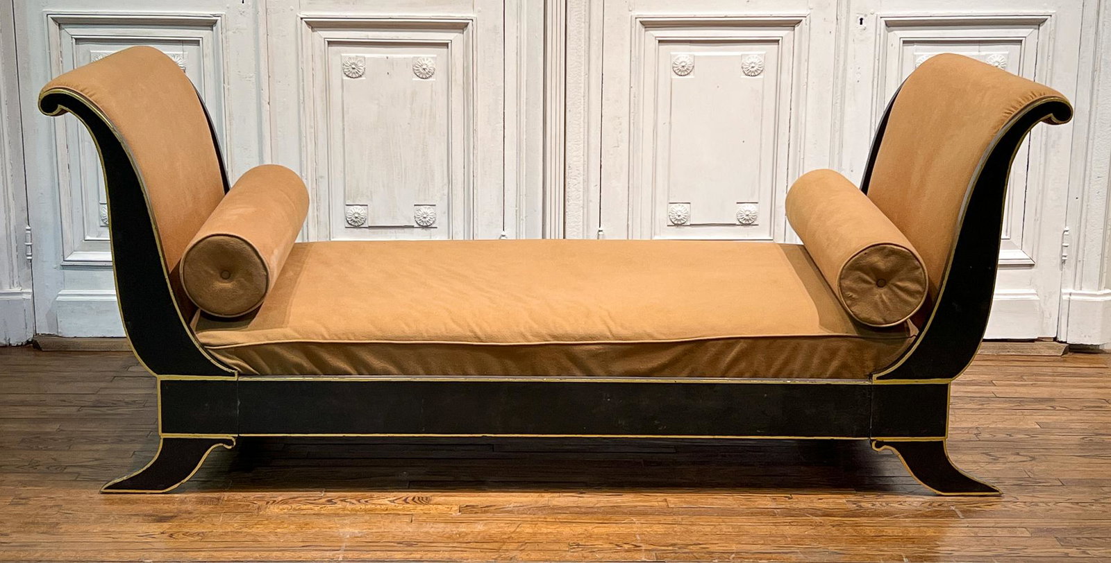 Empire Style Mahogany Lit Du Jour Daybed: 21st Century, Black Ground, Gilt Banding, Sleigh Head And Footboard, Tan Faux Suede Upholstery, Height 40, Width 40, Length Approximately 80 Inches. Some Fraying And Wear To Upholstery. 1 Pin Missing 