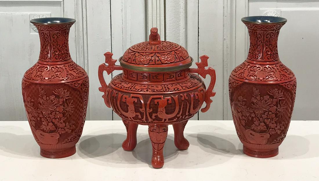 Chinese Red Lacquer Assembled 3 Piece Garniture (1 of 13)