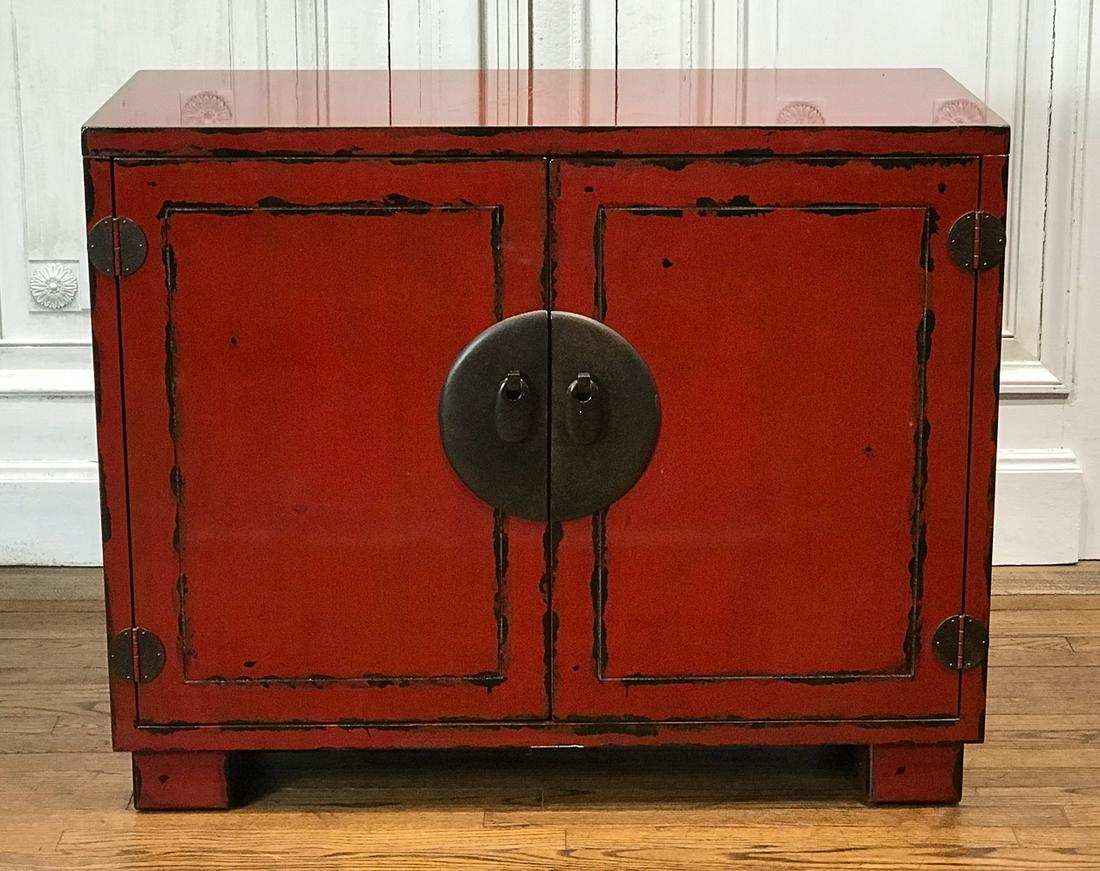 Modern Japanese Style Red Lacquer Credenza: 20th Century, Rubbed Surface, Bronze Hardware, Rectangular Case With Two Paneled Doors, Shelf Interior, Block Feet, Height 32.25, Width 40, Depth 18 Inches. Surface Scratches To Top. Edge Chips At Bot