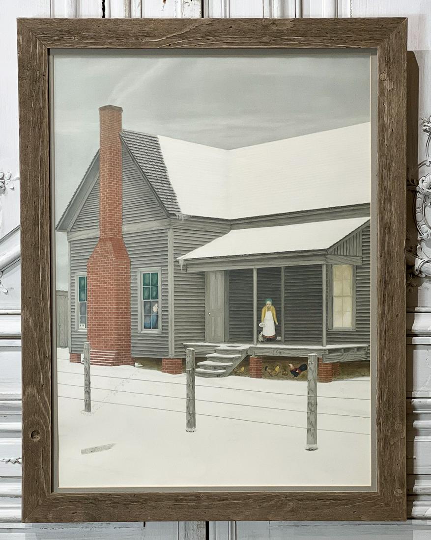 Velox Ward (American/Texas, 1901-1994): Home My Daddy Built, Farmhouse In Snow, 1978, Collotype On Paper, Ed 200, Sight 29 X 21 Inches, Cypress Frame 33 X 26 X 1 Inch. Behind Non-reflective Glass. See Photos For Condition.