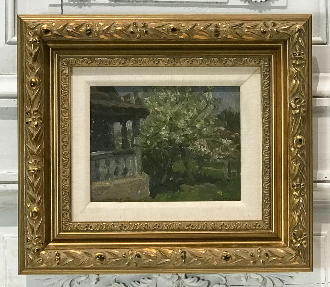 Aleksander Zhuchenko (russian, Born 1955): Apple Orchard In Bloom, Oil On Masonite, Signed Lower Right, Inscribed With Artist Name And 5603-080 300 Verso, Board 6.12x 7.75 Inches, Frame 13 X 14.5 Inches, Light Scratches To Frame, Painting Appe