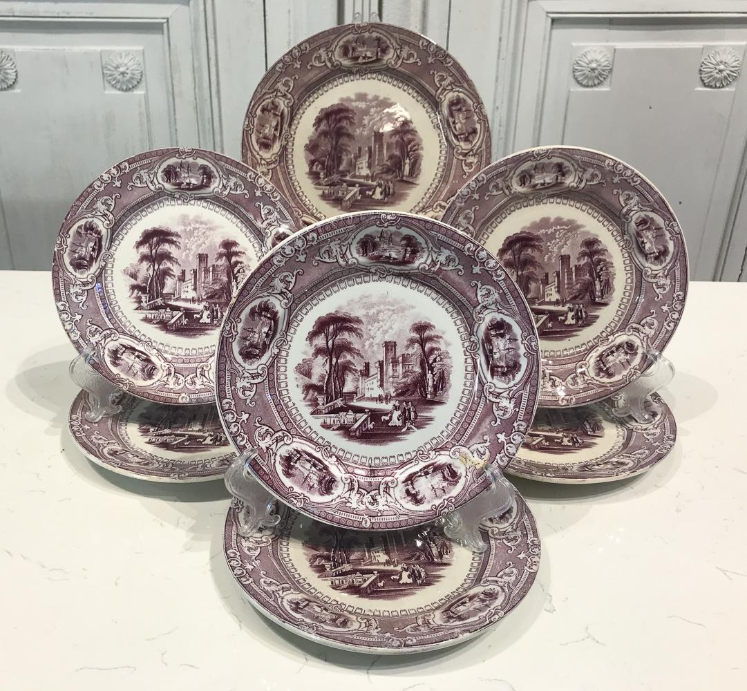 Seven Mulberry Scenic Ironstone Plates: Mid 19th Century, English, Marked Corinthia, E Challinor (burslem) Diameter 8 Inches, Crazing Throughout And Chip To One. See Photos For Additional Condition Information