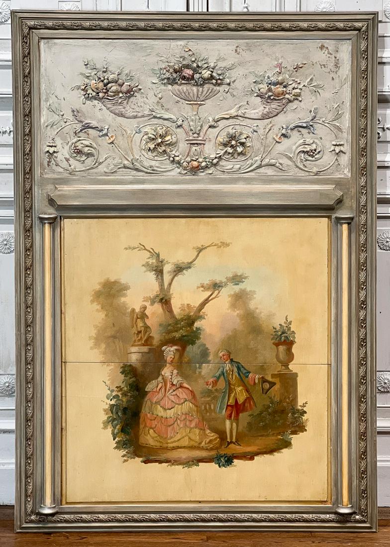 Louis XVI Painted Trumeau Panel: 20th Century, Inset Hand Painted Wood Panel Of Courting Scene And Carved Gesso Floral Panel Above, Height 68, Width 47.25, Depth 3 Inches See Photos For Condition.