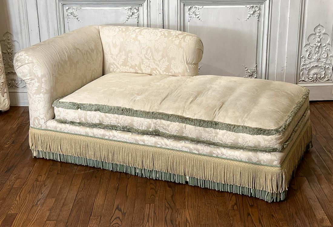 Contemporary Designer Corner Daybed: Circa 2000, Cream Floral Jacquard Upholstery With Sage Green Fringe, Scroll Arms, Height 30, Width 68, Depth 39 Inches. Small Spot Area Visible. See Photos For Condition.