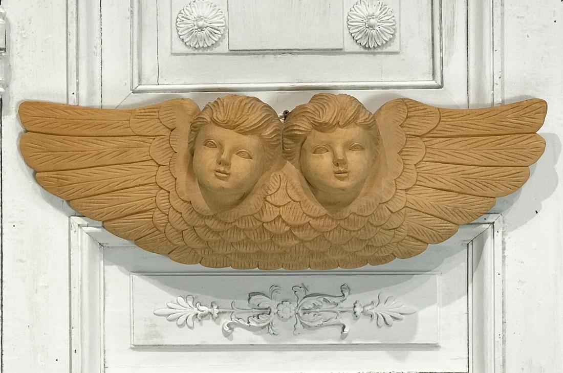 Hand Carved Wood Two Head Winged Cherub (1 of 5)