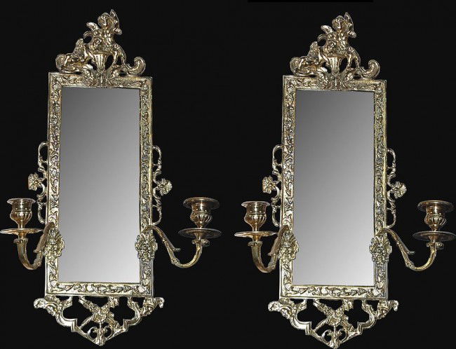 Pair of French Brass Mirrored Wall Sconce 20th c.: Pair of French Brass Mirrored Wall Sconce 20th c.