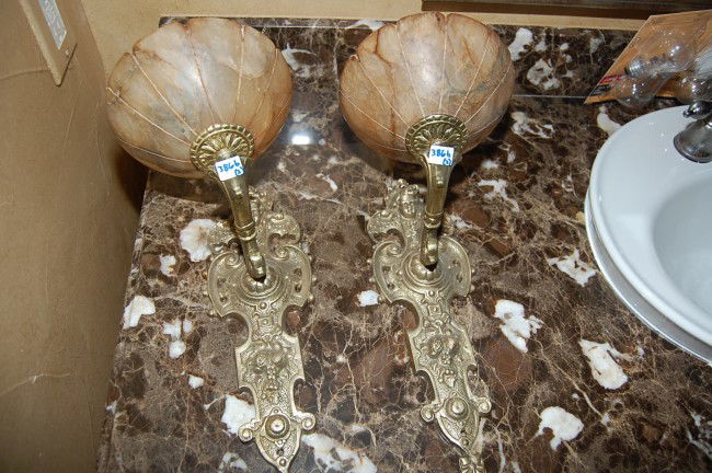 Pair of Bronze Sconce with Alabaster shades 14h: Pair of Bronze Sconce with Alabaster shades 14h