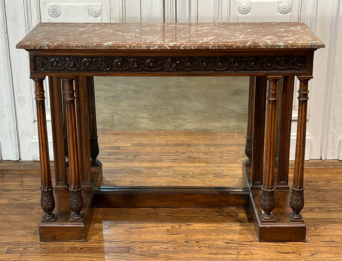 Antique French Carved And Mirrored Back Console: With Rouge Marble Top. Carved Frieze And Fluted Supports. 38.75h x 17.25d x 51.5w. See Photos For Condition Commensurate With Age.