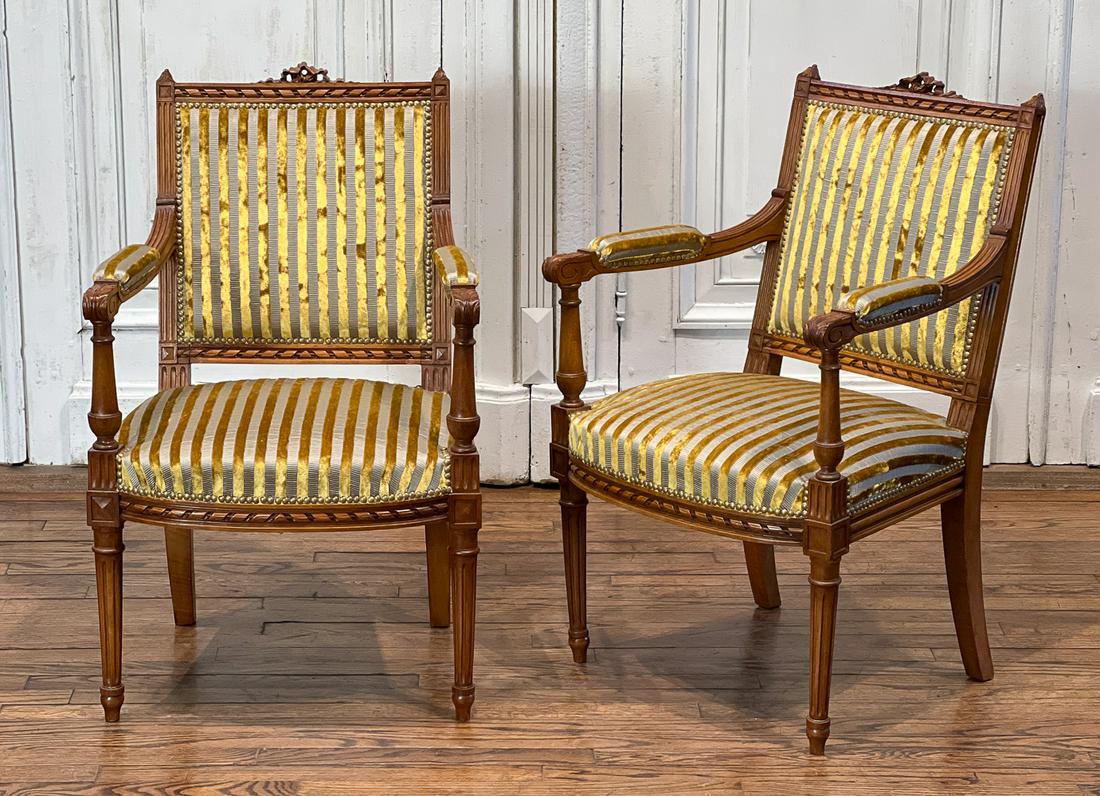 Pair Louis XVI Style Mahogany Fauteuil Armchairs: Crica 1900, Each With Ribbon Stiles, Padded Backs And Arms, Fluted Legs, Gold And Grey Cut Velvet With Nailhead Trim. High Level Professional Upholstery Work. Structurally Sound. Height 35, Width 22, 