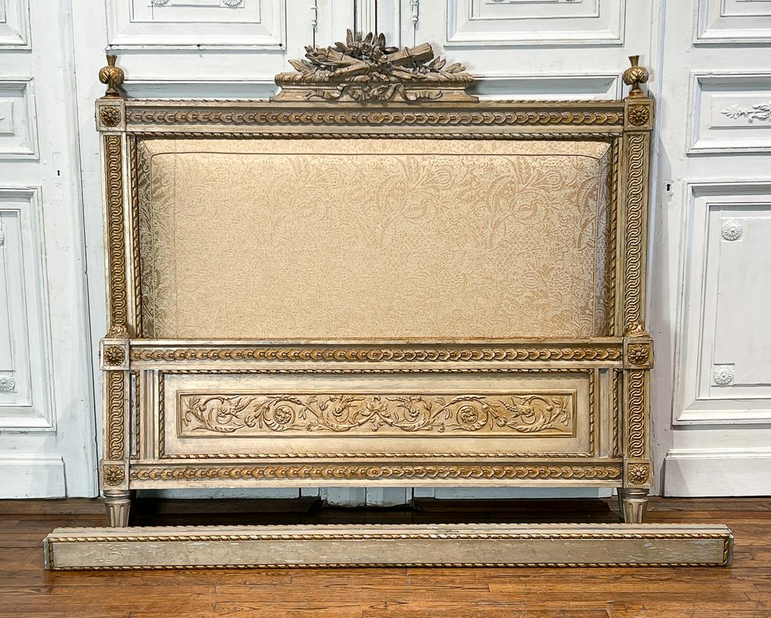 Louis XVI Style Giltwood Bed: 21st Century, Ornately Carved All Over With Attractive Rotten Stone Treatment To Gilt, Gold Coraggio Silk Damask Upholstery, Overall Height 65, Width 69, Length 89.5 Inches, Structurally Sound, Uphols