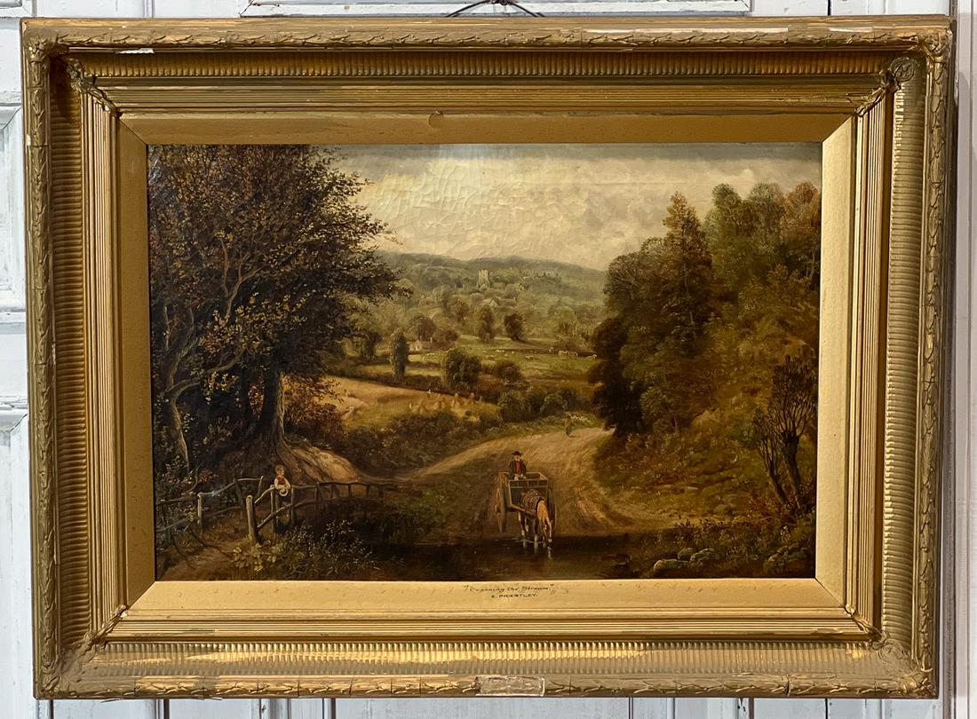 Edward Priestley, British, 19th Century: Crossing The Stream, Landscape With Horse Cart, Oil On Canvas, Signed Lower Right, 20 x 30 Inches, Antique Giltwood Frame 29 x 40 x 2.5 Inches, Discoloration To Varnish Layer, Craquelure In Concentric